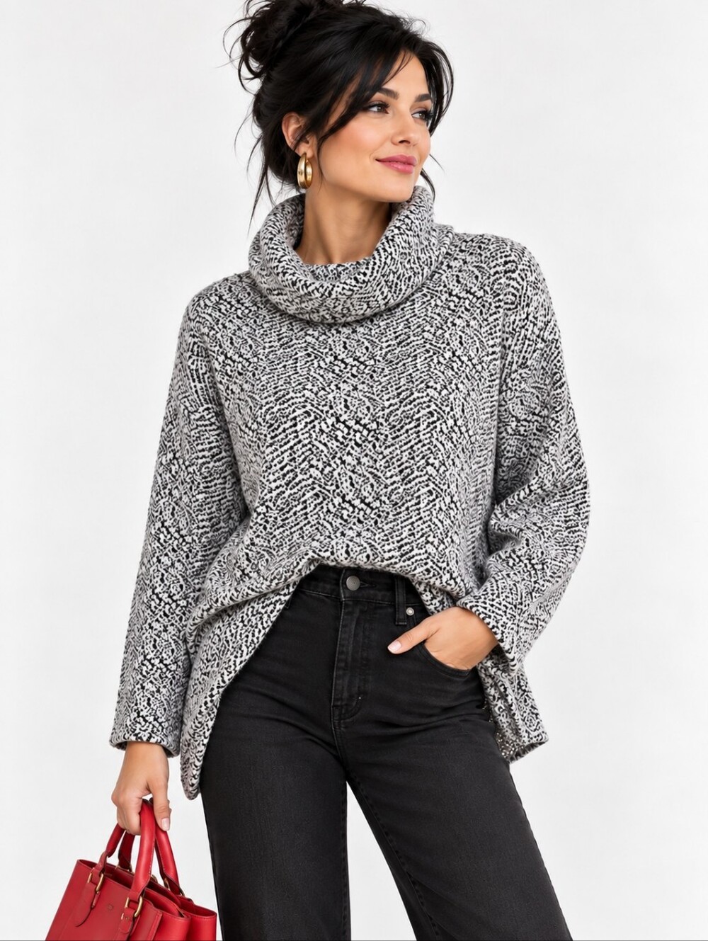 Shannon Passero Sweater Black White Cowl Neck Cotton Blend Knit Office Size EX